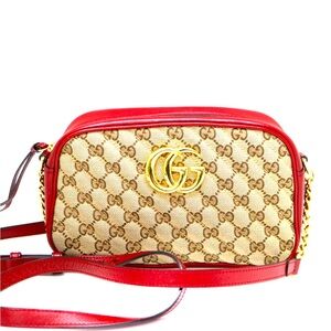 Gucci GG Marmont Quilted Shoulder Bag Leather Canvas Brown Beige Red